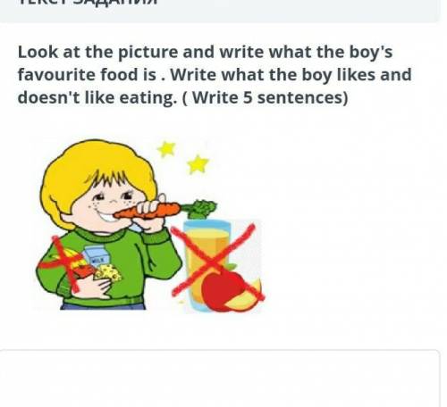 Look at the picture and write what the boy's favourite food is. Write what the boy likes anddoesn't