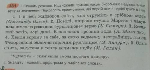 381 1. Спишіть речення. Над кожним прикметником скорочено надпишіть його групу за значенням. Підкрес