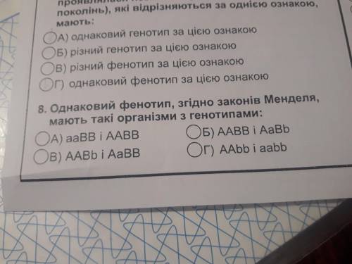 . Одинаковые фенотипы, согласно законам Менделя, имеют такие организмы з генотипами : a)aaBB и AABB