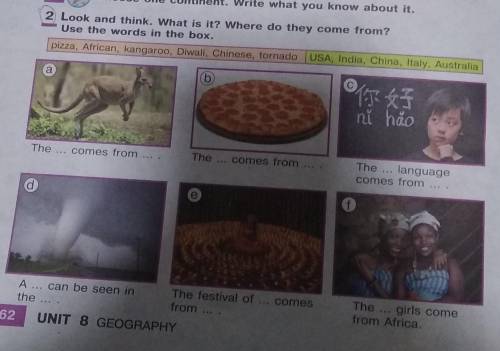 Look and think. What is it? Where do they come from? Use the worlds in the box.pizza, Africa, kangar