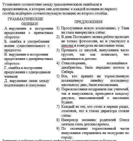 Установите соответствие между грамматическими ошибками и предложениями, в которых они допущены: к ка