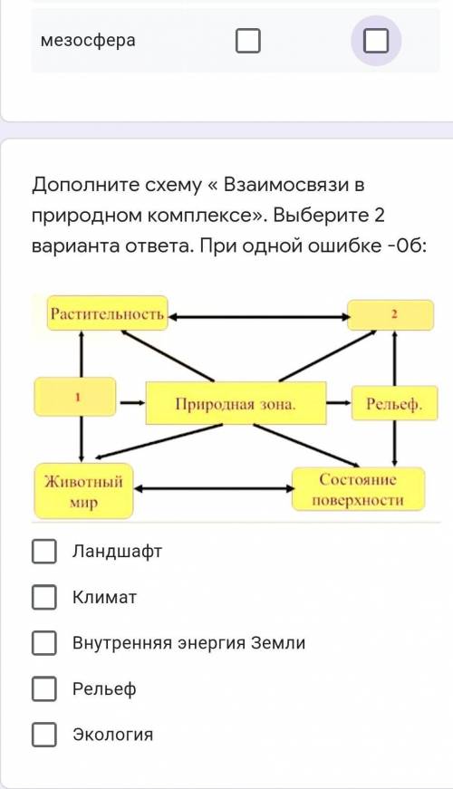 Дополните схему « Взаимосвязи в природном комплексе». Выберите 2 варианта ответа. При одной ошибке -