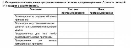 1. Определите описание языка программирования и системы программирования. Отметьте галочкой «✓» квад