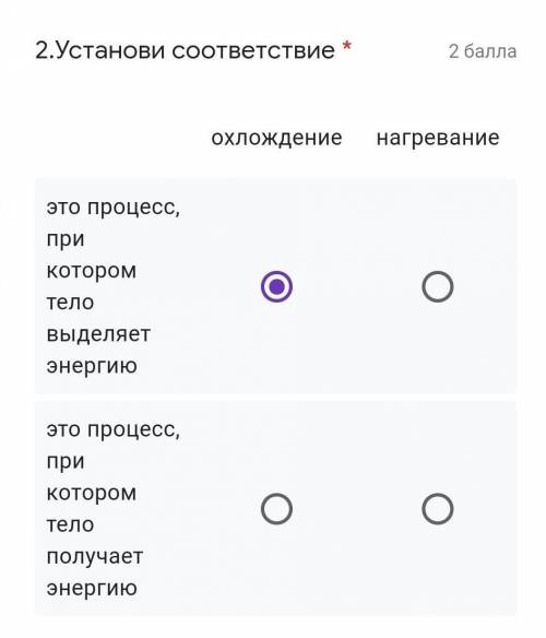 2.Установи соответствие * охлождение нагреваниеэто процесс, при котором тело выделяет энергию это пр