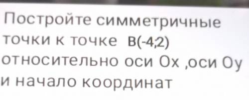 Постройте симметричныеточки к точке В(-42)относительно оси Ох оси Оyи начало координат​