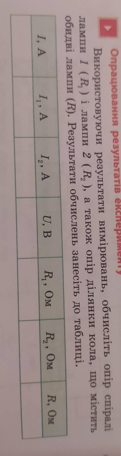 використовуючи результати вимірювань обчисліть опір спіралі лампи 1 (R1) і лампи 2 (R2) а також опір