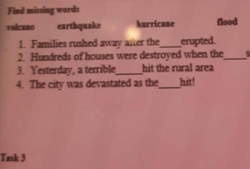 Writing Task 2Find missing wordsrolcano earthqurhurricanefood1. Families rushe way after the erupted