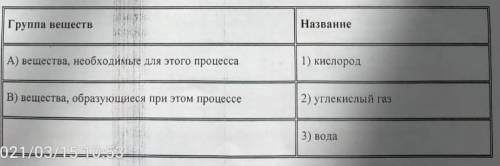 Название Группа веществА) вещества, необходимые для этого процесса1) кислородВ) вещества, образующие