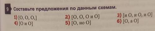 OT 9 Составьте предложения по данным схемам.1) [0, 0, 0,)2) [O, O, Ои О]3) [и О, и O, и О]4) [O и О]