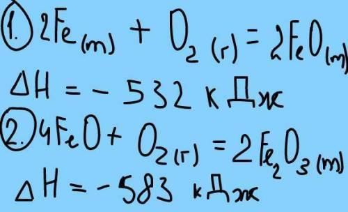 Рассчитать стандартную энтальпию образования Fe2O3 и из простых веществ за следующими термохимически