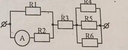 знайти напругу на резисторі R5 якщо амперметр показує 5,0 А, R1=3,0 Ом, R2=6,0 Ом, R3= 3,0 Ом, R4=5,