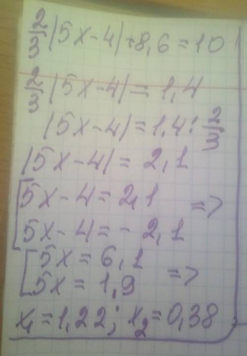 26. Решите уравнение: 2/3|5x -4| + 8,6 = 103​