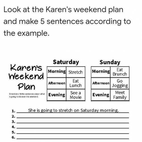 Look at the Karen's weekend plan and make 5 sentences according tothe example.Karen'sSaturdayMorning