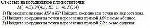 Отметьте на координатной плоскости точки M (-4;5), N (4;1), K (-1;-4), P (3;4) 1) Проведите прямые M