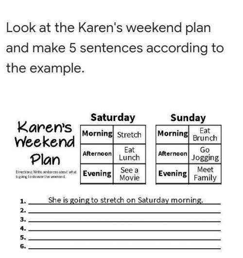 Look at the Karen's weekend plan and make 5 sentences according tothe example.Karen'sSaturdayMorning