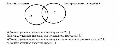 На диаграмме Эйлера — Венна показано количество учащихся, посетивших выставку картин и зал прикладно