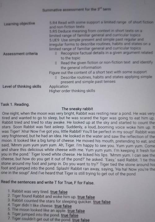 Read the sentences and write T for True, F for False. 1. Rabbit was very tired. true false2. Tiger f