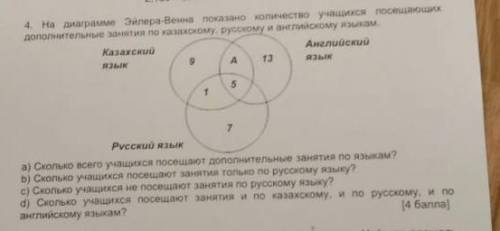 На диаграмме Эйлера венна показано количество учащиеся посещающие дополнительные занятия по казахско