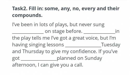 Task2. Fill in: some, any, no, every and their compounds. I've been in lots of plays, but never sung