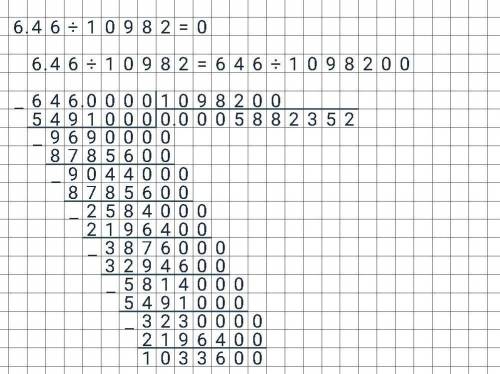 Как разделить 6,46 на 10982 в столбик покажите на фото плс