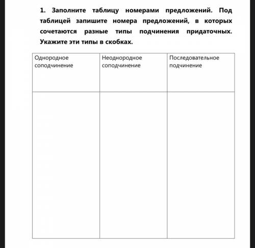 Заполните таблицу номерами предложений. Под таблицей запишите номера предложений, в которых сочетают