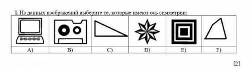 1 Из данных изображениій выберите те, которые имеют ось симметрии: А) B) C) D) E) F) - за правильный