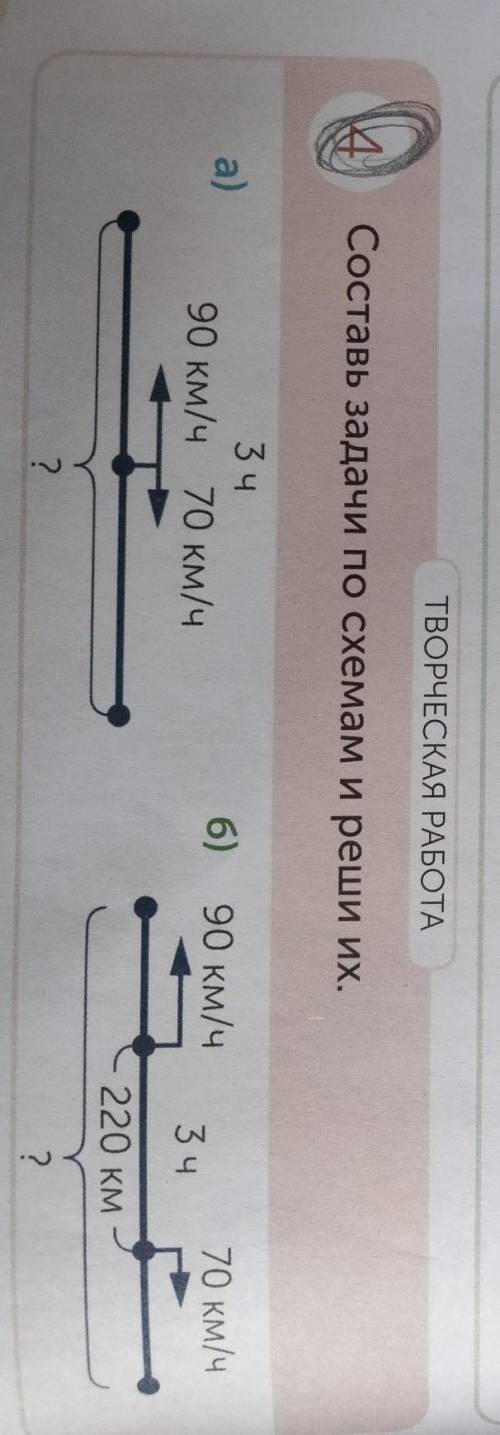 90'9090ТВОРЧЕСКАЯ РАБОТА4Составь задачи по схемам и реши их.a)3 ч90 км/ч 70 км/ч6) 90 км/ч70 км/ч3 ч