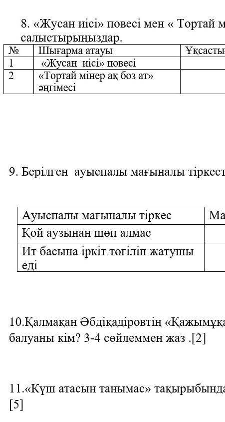 8.Жусан иісі повесі мен Тортай мінер ақ боз ат әңгімесін салыстырыңдар неправилно баннн 9. 10. 11.​