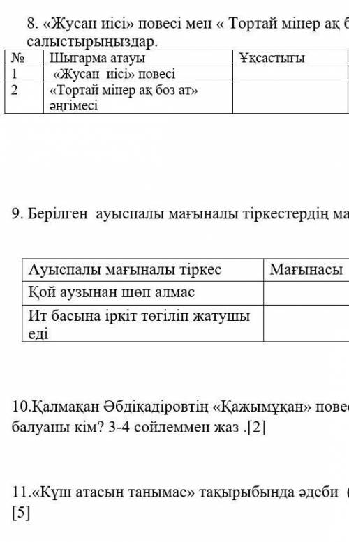 8.Жусан иісі повесі мен Тортай мінер ақ боз ат әңгімесін салыстырыңдар неправилно баннн 9. 10. 11.​