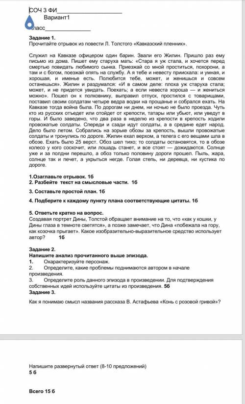 Задание 1. Прочитайте отрывок из повести Л. Толстого «Кавказский пленник».  Служил на Кавказе офицер