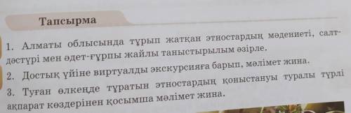 Тапсырма 1. Алматы облысында тұрып жатқан этностардың мәдениеті, салт-дәстүрі мен әдет-ғұрпы жайлы т