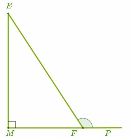 Дан прямоугольный треугольник MEF и внешний угол угла ∡ F.Определи величины острых углов данного тре
