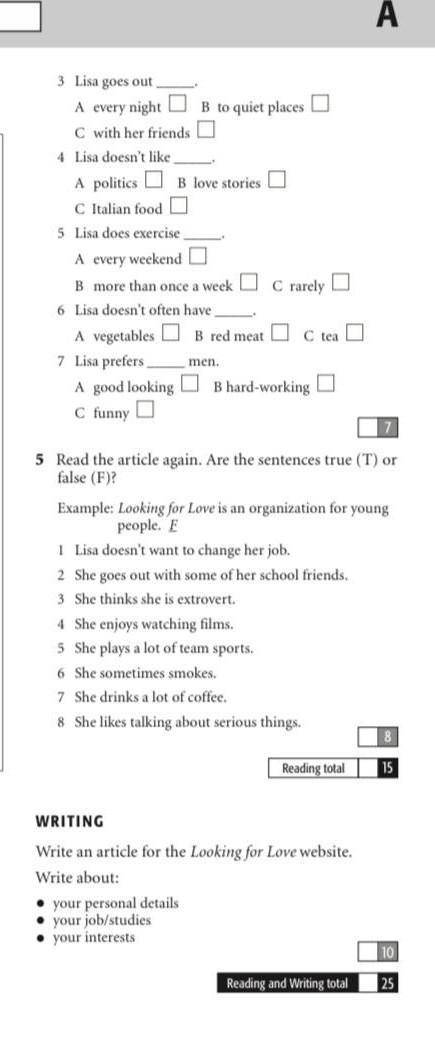 Reading and Writing reading3 Lisa goes out1 Read the article and tick (V) A, B, or C.everynightB to