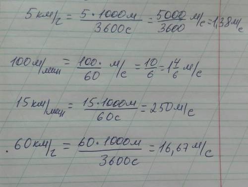 5. Вырази в м/сек: а. 5 км/ч:б. 100 м/мин;в. 15 км/мин;г. 60 км/ч решить б всё знаю только б не знаю