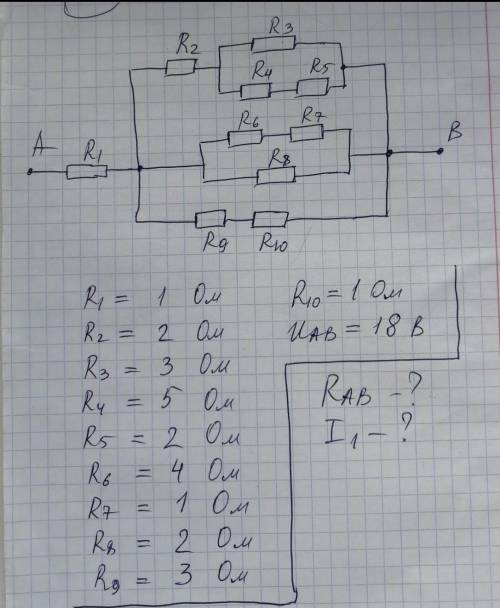 R1=1 Ом R2=2 ОмR3=3 ОмR4=5 ОмR5=2 ОмR6=4 ОмR7=1 ОмR8=2 ОмR9=3 ОмR10=1 ОмUad=18 ВНайти:Rad-? I1-?​