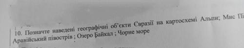 Позначте наведенні географічні об'єкти Євразії на картосхемі Альпи; Мис ; Аравійський півострів ; Оз