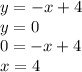 y = - x + 4 \\ y = 0 \\ 0 = - x + 4 \\ x = 4