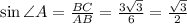 \sin\angle A=\frac{BC}{AB}=\frac{3\sqrt{3}}{6}=\frac{\sqrt{3}}{2}