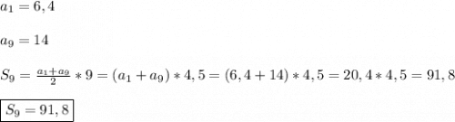 a_{1}=6,4\\\\a_{9}=14\\\\S_{9}=\frac{a_{1}+a_{9}}{2}*9=(a_{1}+a_{9})*4,5=(6,4+14)*4,5=20,4*4,5=91,8\\\\\boxed{S_{9}=91,8}