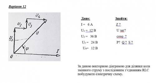 . Дано: Найти: I = 6 А Z ? U1 = 12 В U загальне(общ)? U2 = 36 В cosφ ? U3 = 24 В P? Q ? S ? U4= 12