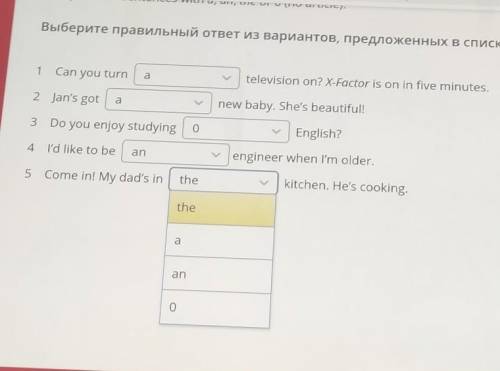 Нужно вставить нужный артикль. во всех пропусках варианты ответов одинаковые​