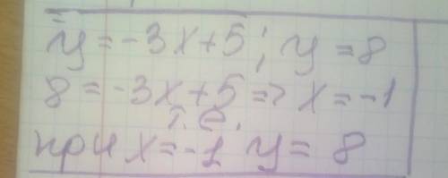 Функцію задано формулою y=-3x+5 знайдіть, значення аргументу, при якому значення функції дорівнює 8​