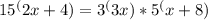 15^(2x+4)=3^(3x)*5^(x+8)