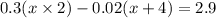 0.3(x \times 2) - 0.02(x + 4) = 2.9