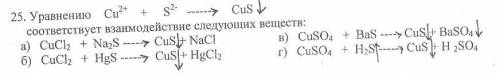 Уравнение Cu^2 +S^2- >CuS соответствует взаимодействию следующим веществам А)CuCl2 + Na2S --->