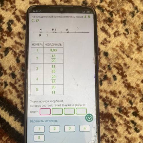 На координатной прямой отмечены точки A B C D 1.3.83 2. 13/29 3. 11/45 4.29/13 5. 20 /11 Укажи номе