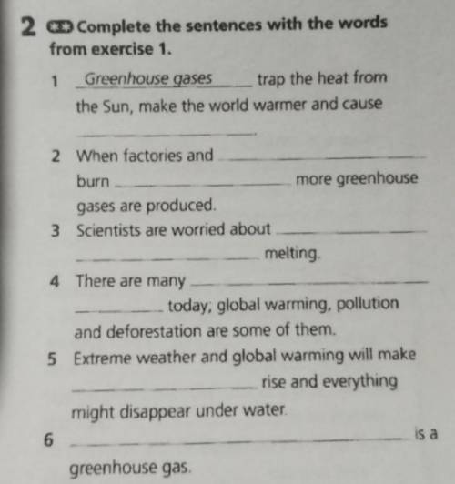 слова из 1 упражнения:greenhouse gasesglobal warmingfossil fuelspower stationscarbon dioxide sea lev