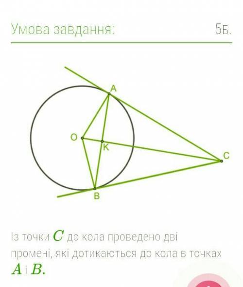 Із точки C до кола проведено дві промені, які дотикаються до кола в точках A і B. Визнач рівні відрі