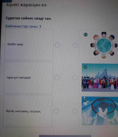 Суретке сәйкес сөзді тап. Байланыстар саны: 3бейбіт өміртүрлі ұлт өкілдерібірлік, ынтымақ, татулық​
