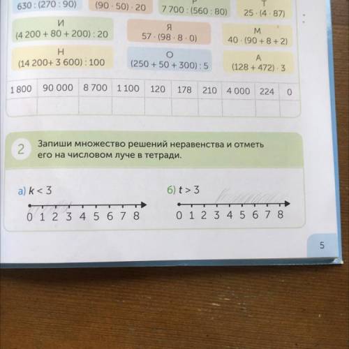 2 Запиши множество решений неравенства и отметь его на числовом луче в тетради. б) t> 3 а) k<3